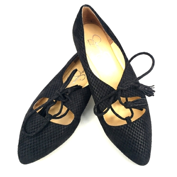 Jessica Simpson Black Vegan Suede, Tassel Lace-Up, Pointy Toe Flats. Women's 7M - Picture 6 of 12